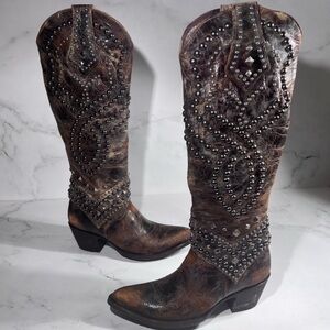 Old Gringo Belinda 18” Studded Distressed Tan Leather Cowboy Western Boots